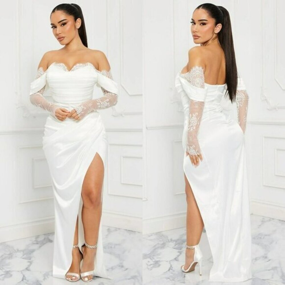 Fashion Nova Fall In Love Tonight Satin Maxi Dress - White